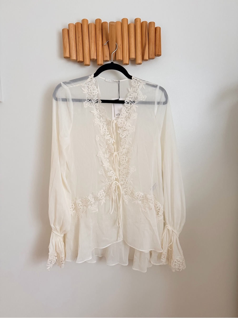 Zara Sheer Lace-Trim Tie-Front Blouse - Cream